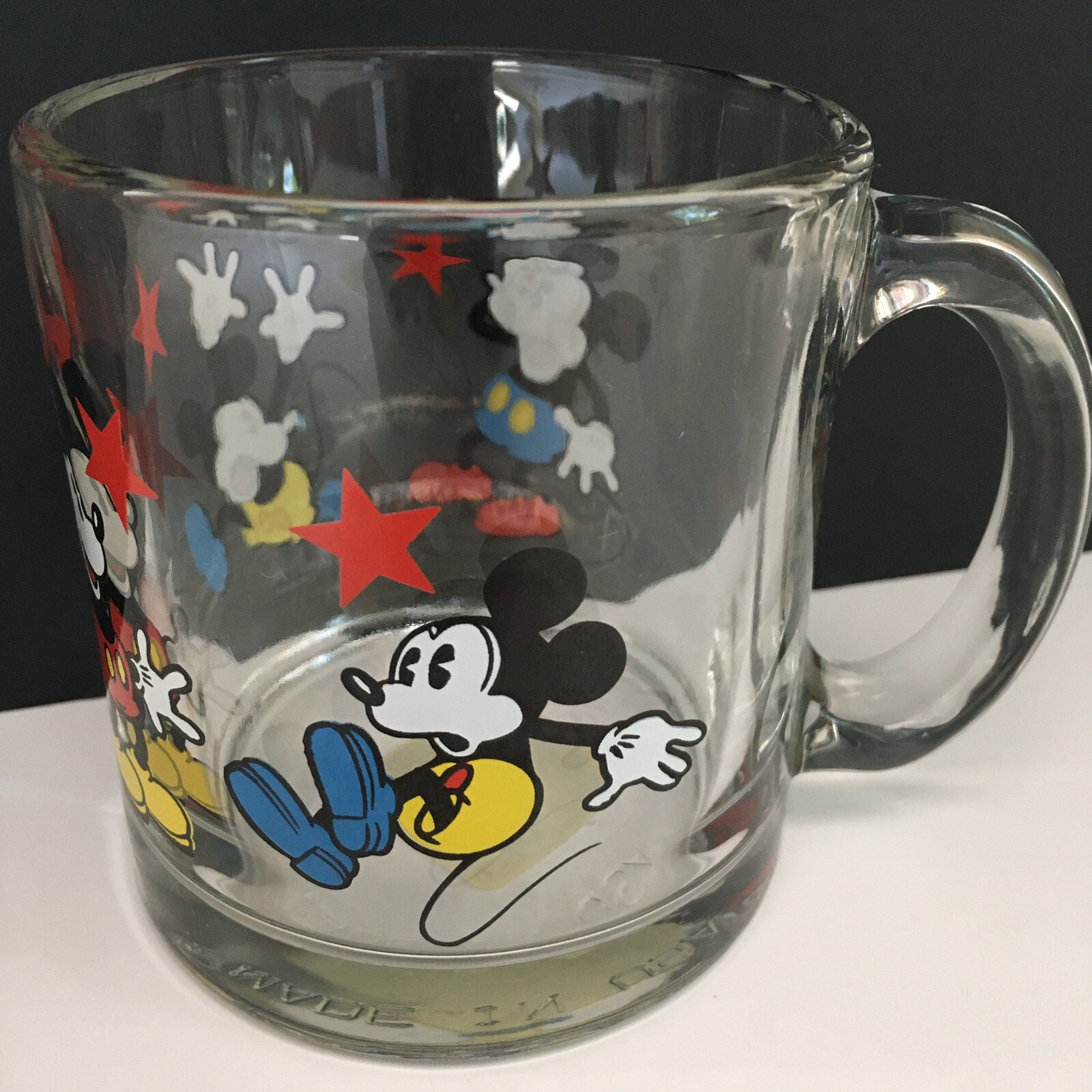 Vintage DISNEY Clear Mug Libbey Made in USA Surprised Mickey Mouse Red
