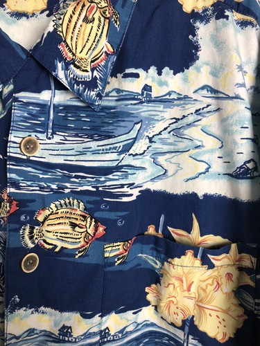 Op Sport Herren L Large blau Hawaiihemd Fisch Ozean Pazifik Boot Surf Baumwolle - Bild 3 von 5