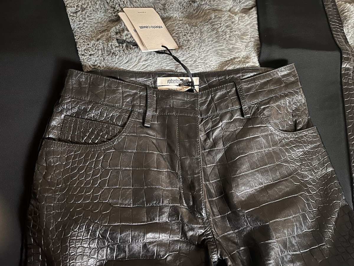 Pantalon En Cuir Véritable Roberto Cavalli Taille IT40/UK8 - Imprimé Serpent Slim - Neuf Avec étiquette