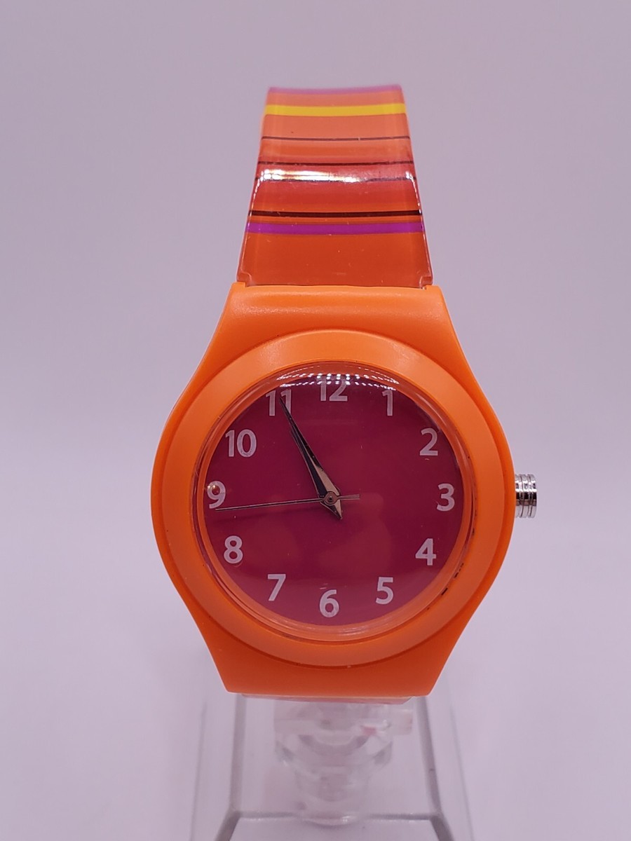 Xhilaration Ladies Quartz Watch 37mm Round Plastic Case Striped Silicone  Band