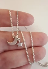 Crescent Moon & Star Charm Sterling Silver Necklace  45 cms or 40cms