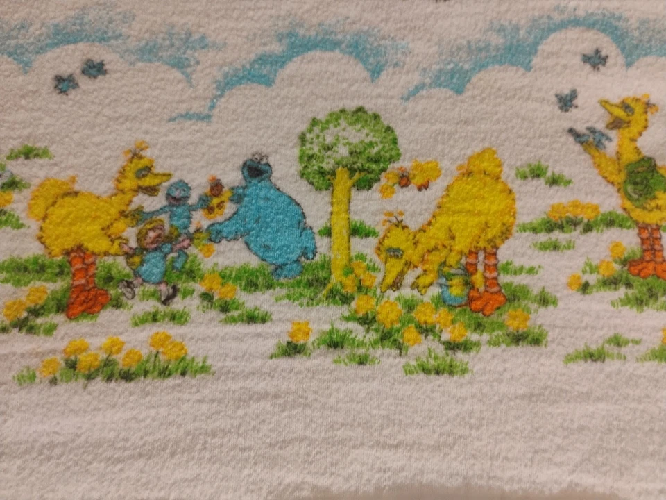 Vintage Sesame Street Receiving Blanket Cookie Monster Big Bird Yellow Blue 28" - Image 3 of 4