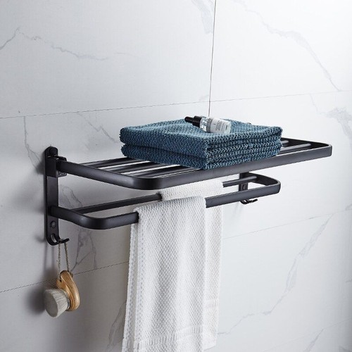Wall Mounted Towel Rack-Matte Black 50CM Folding Aluminum Holder Hook Double Bar - Picture 11 of 12