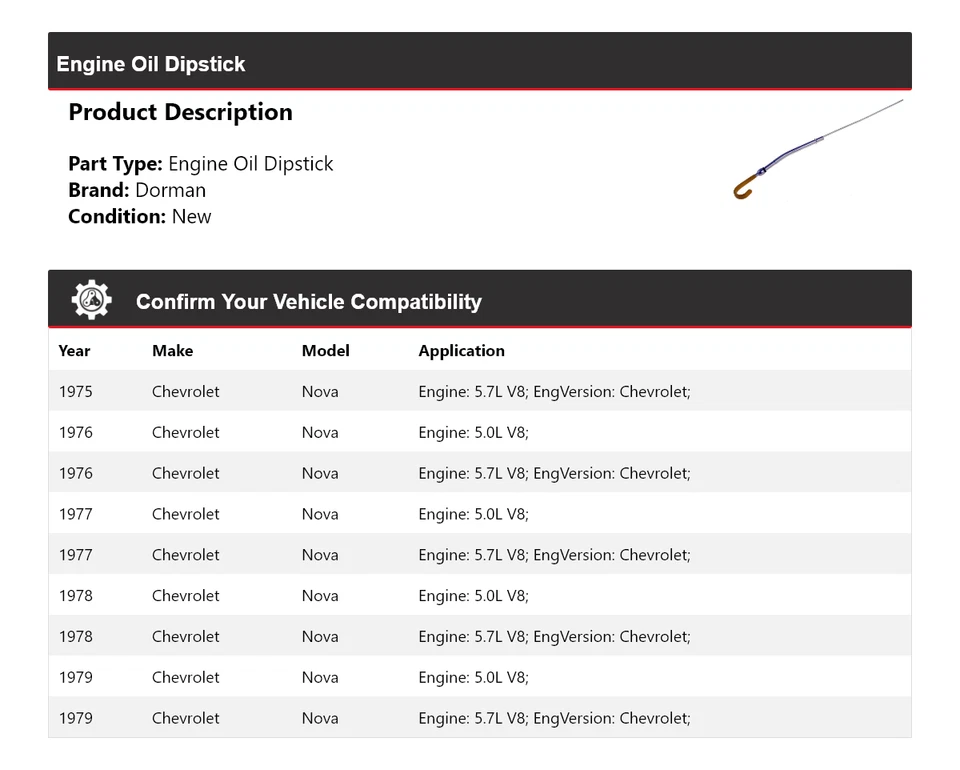 Varilla de medición de aceite de motor para Chevrolet Nova Dorman 1975-1979 1976 1977 1978 Foto 2 de 4