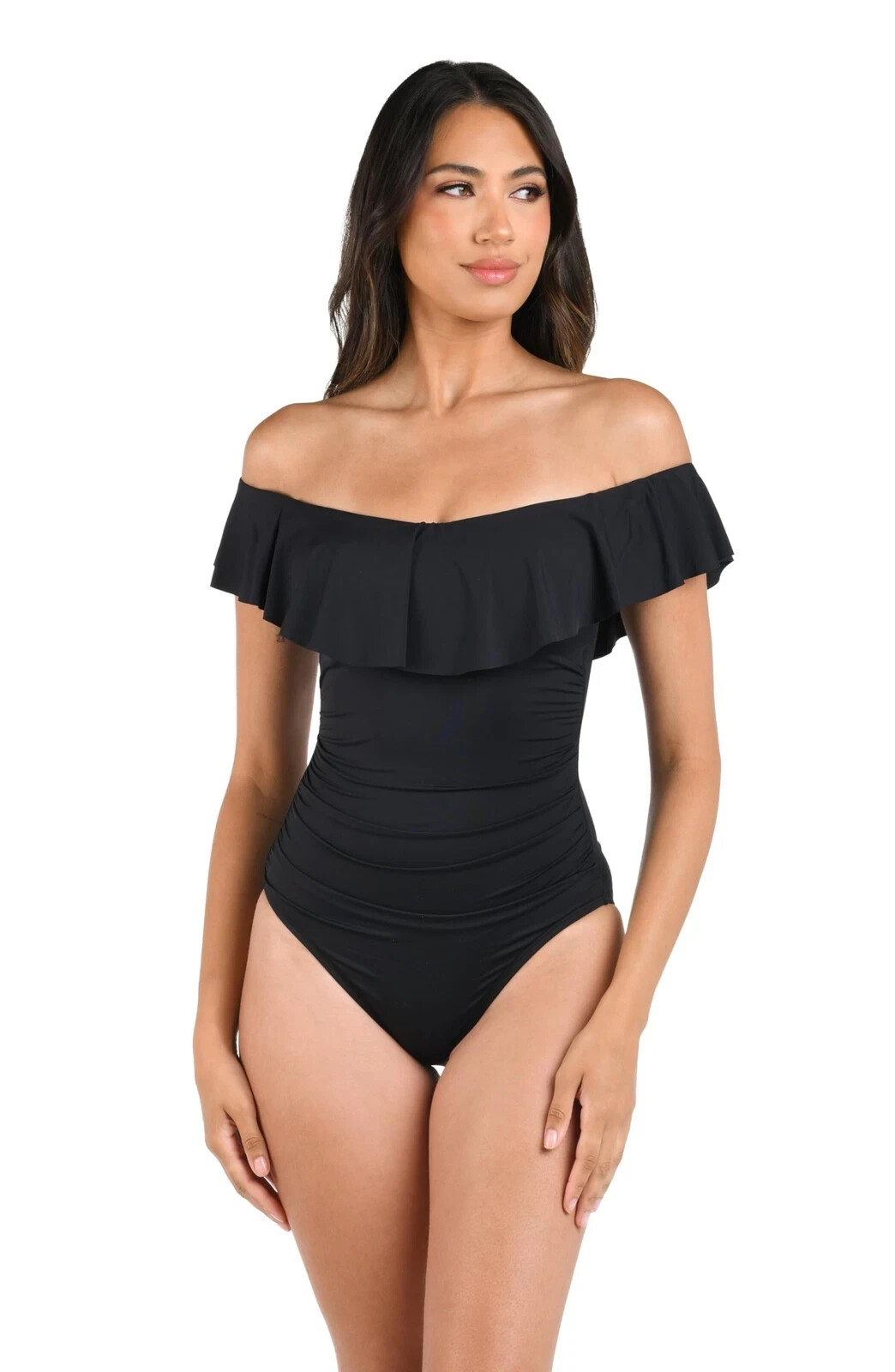 La Blanca Size 14 Island Goddess Off Shoulder One Piece Swimsuit Black New