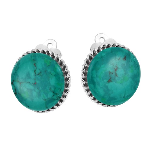 Classic 18mm Round Swirl Chrysocolla Botton Sterling Silver Clip On Earrings - Picture 2 of 5