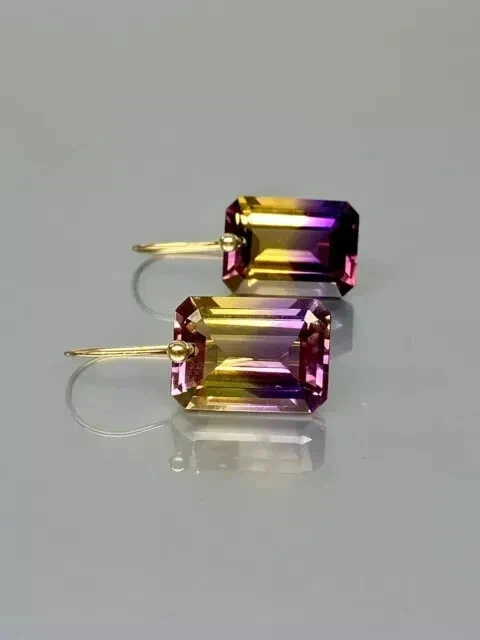 3Ct Emerald Cut Lab Created Ametrine Drop Dangle Earrings 14K Yellow Gold Plated - Image 4 of 4