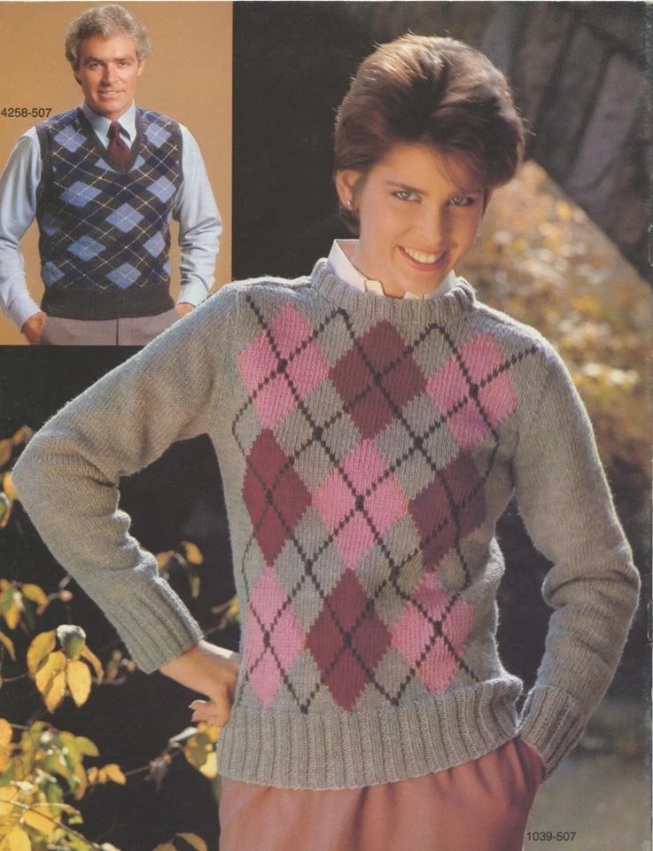 Bernat Knitting Pattern Book 507 Argyle Men, Women Sweaters, Vest 32"-46" - Image 2 of 3