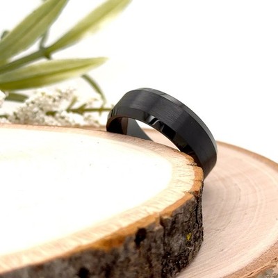 8mm Black Tungsten Christmas Gifts Rings Matt Finish Stepped Edges Engraved Band