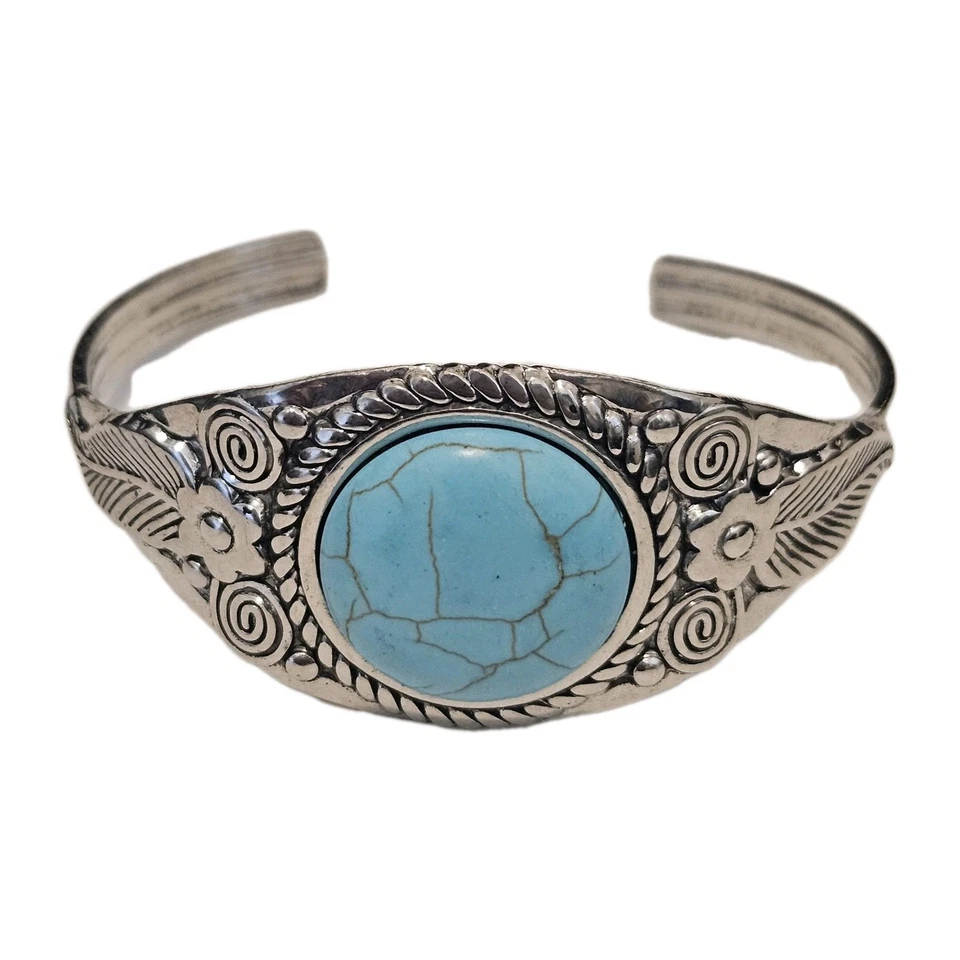 Whimsically Winslow Turquoise Blue Howlite Stone Silver Tone Cuff Bracelet - Image 2 of 3