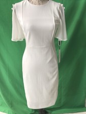 CALVIN KLEIN FLUTTER SHORT SLEEVE W/ BUTTONS SHEATH DRESS, WHITE, SIZE 4 NWT