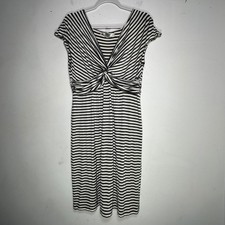 Max Studio Striped Twist Front V-Neck Cap Sleeve Midi Dress Black White A903551