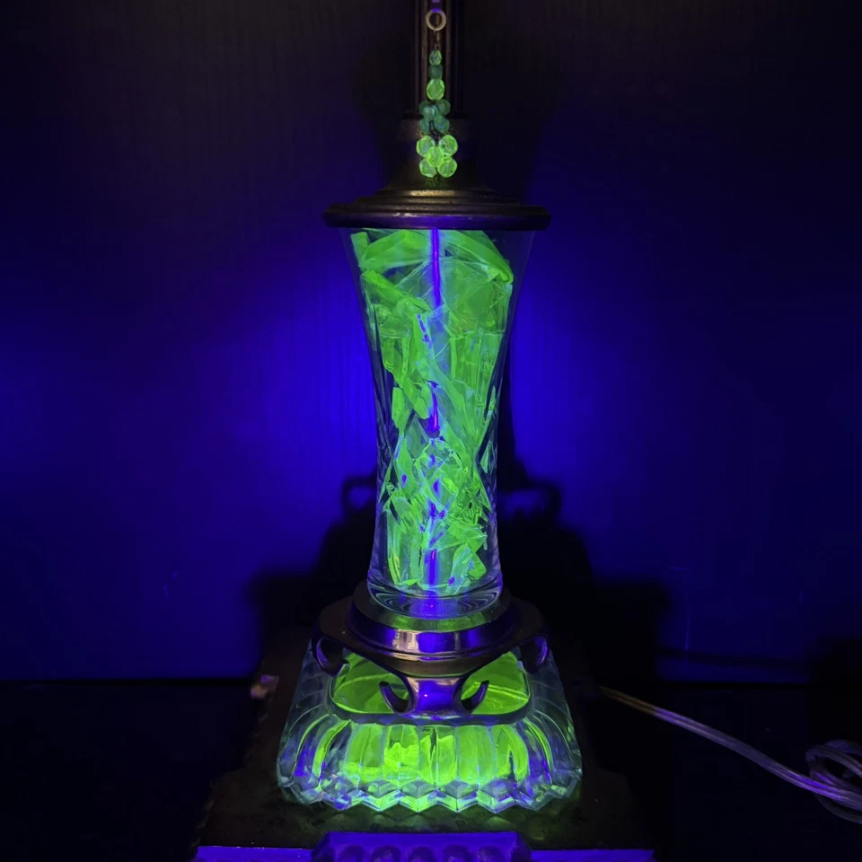 Uranium Glass Table Lamp Custom Build Vintage Art Deco Hollywood Style - Image 2 of 4