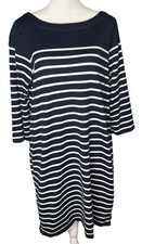 LL Bean Knit Dress Cotton Navy Ivory Stripe Boatneck Petite Large Nautical Coast