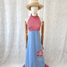 Vintage 70s Gingham Halter Maxi Dress Chambray Floral Prairie Cottagecore S size