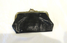 Black vinyl coin purse, gold-tone frame, 4.75 inches wide