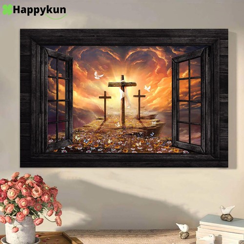 Arte de pared de lienzo al atardecer con marco de ventana negro de las tres cruces - El versículo bíblico puede... - Imagen 1 de 11