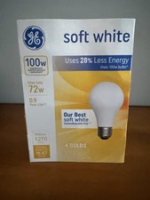 4 New in Box - GE Light Bulbs, 100w, Soft White - 4 Pack - Uses 28 Less Energy