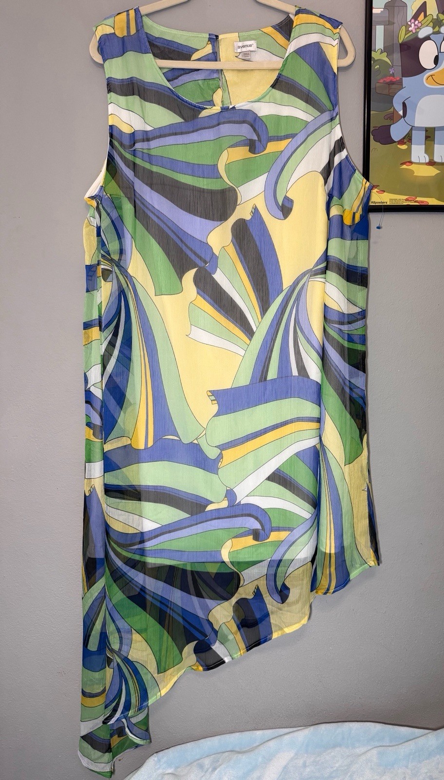 Avenue sleeveless asymmetrical sheer lined dress blue,green & yellow -Size 22/24