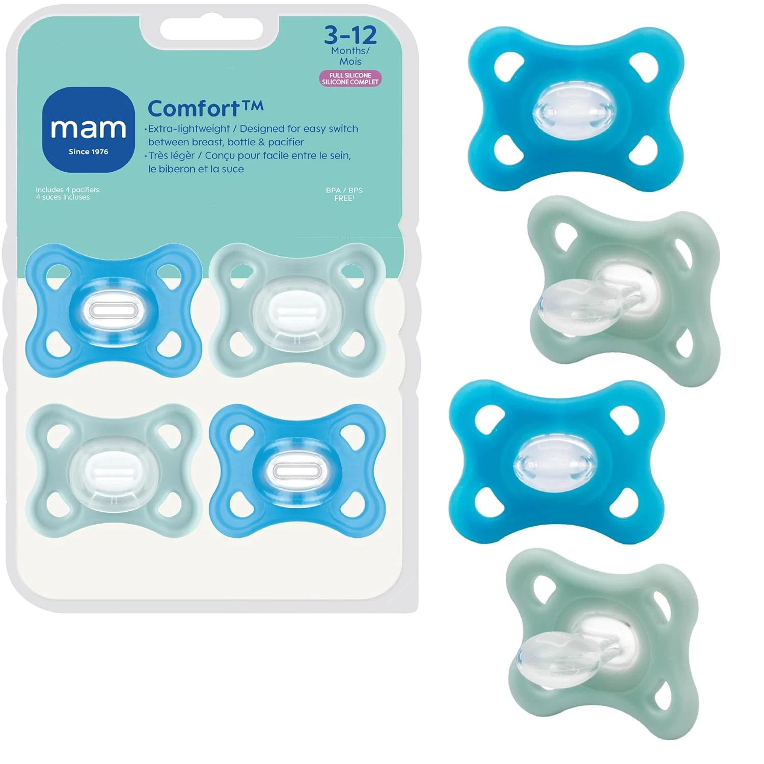 Comfort Baby Pacifiers 3-12 Months Babies, Lightweight One-Piece Full Silicone B