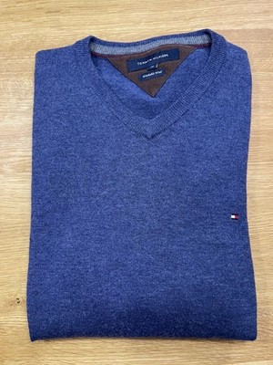 Tommy Hilfiger Herren Pullover L Blau Schurwolle Pulli V-neck Washable Wool  