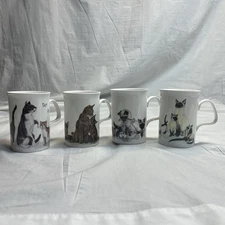 Vintage 1989 Roy Kirkham ENGLAND Bone China Cat Lovers Coffee Tea Mugs Set Of 4