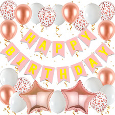 Rose Gold Birthday Decorations for Women, Rose Gold Happy Birthday Banner, Star