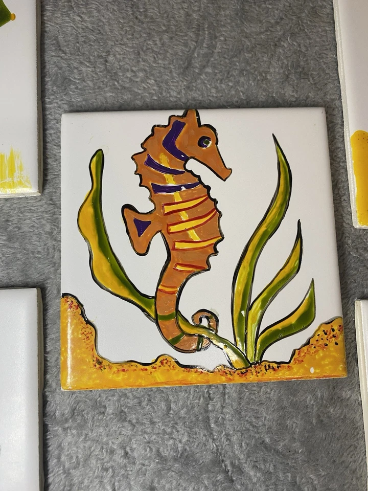 Vintage handbemaltes Keramikfliesen Set - Tropische Fische & Seepferdchen - 5er Set - Bild 4 von 4