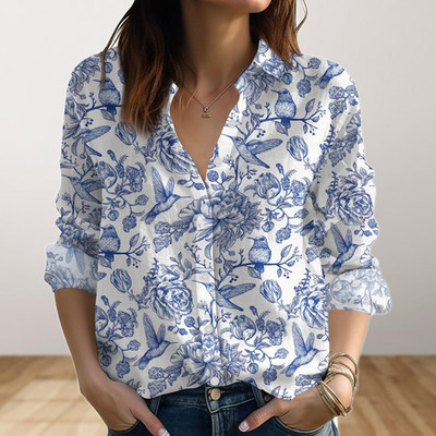 Botanical Blouse Shirt Retro Flower Linen Look Shirt Nature Lo