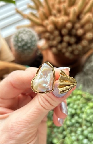 German Kabirski Niamh Gold-Plated Ring With Baroque Pearl. Sz 8 Adjustable.