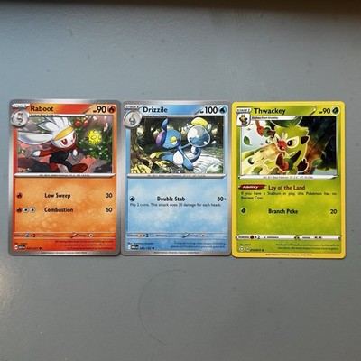 Raboot, Drizzile, Thwackey Gen 8 Starter Pokémon TCG Lot 3 English Regular Cards