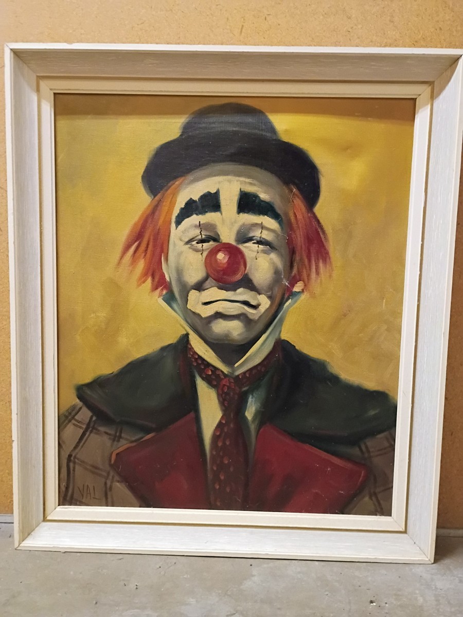 絵画 Sad Sad Clown Art Painting Vintage Original Oil On Canvas. Clown