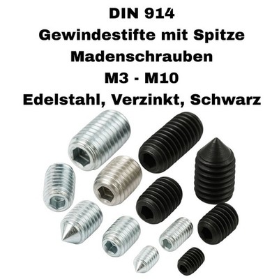 Gewindestifte mit Spitze Madenschrauben DIN 914, M3-M10, A2, verzinkt, schwarz