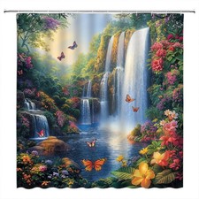 Tropical Waterfall Rainforest Floral Nature Shower Curtain Green Orange Hooks