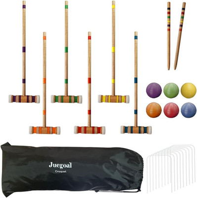 Six Player Croquet Set with Wooden Mallets Colored Balls for Lawn