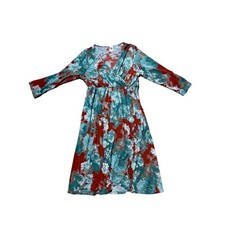 Women's Sew In Love midi floral mock wrap dress. red/teal. Stretchy. Small.