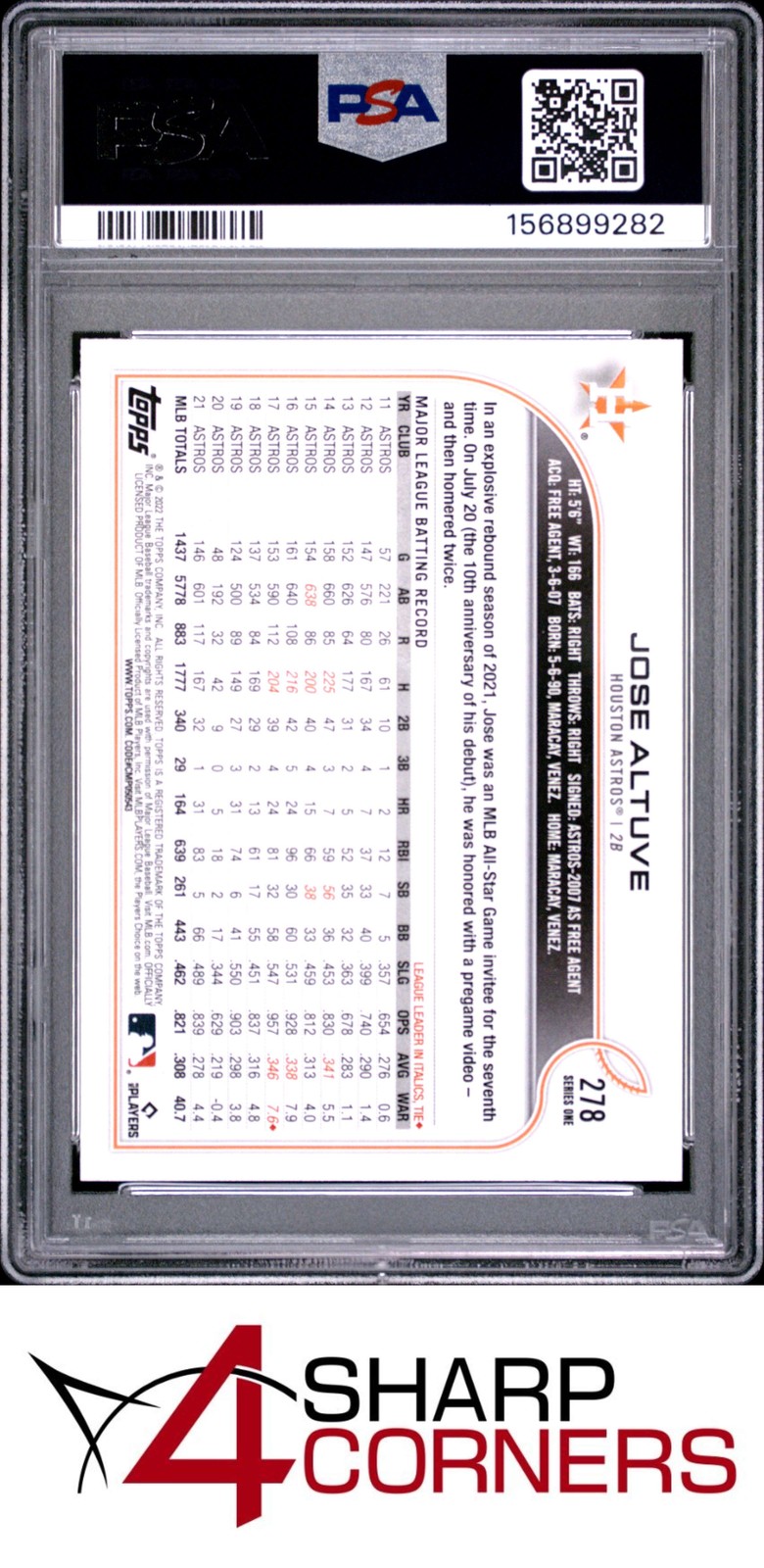 2022 TOPPS #278 JOSE ALTUVE ASTROS PSA 10 view 2