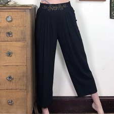 Vintage Black Rayon Crepe Pants, 1990s Carole Little Petites Wide Leg Crop Sz 8