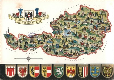 Austria Illustrated Map of with State Coats Arms 1972 Salzburg Original Vintage