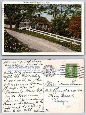 Windy Willows Cape Cod Mass. Truro Pilgrim Corn Hill Postcard 1930 Posted