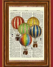 Vintage Retro Hot Air Balloons Dictionary Curious Art Print Poster Picture OOAK