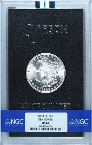 1883 CC  S$1  GSA HOARD MS 64 MORGAN SILVER DOLLAR COIN. NGC CERT: 3420738-004