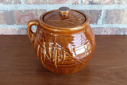 McCoy Pottery Brown 2 qt Bean Pot - Cookie Jar Pea Pod Pattern Country Farmhouse - Picture 2 of 12