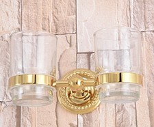 Gold Brass Toothbrush Holder with Glass Cup Wall Mounted Bathroom Accessory