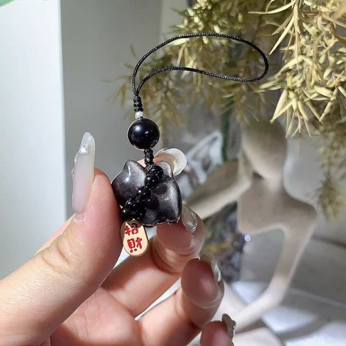 Weave Rope Stone Lucky Cat Keychain Silver Obsidian Cat Car Key Ring