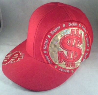 KB ETHOS - Dollar Sign $ Bling Embroidered Halographic RED/Gold Cap Hat Size L.