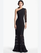 TADASHI SHOJI Black One Shoulder Long Sleeve Lace Pintuck Jersey Mermaid Gown M