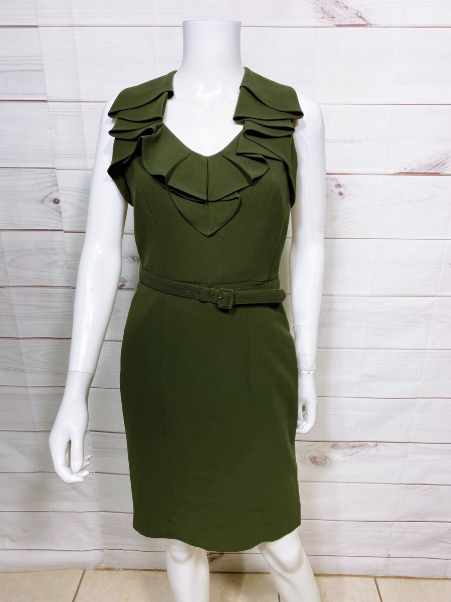 Calvin Klein Womens Dress Size S Green Ruffle Belted Lined Side Zip  Sleeveless