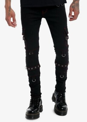 Hot Topic HT Denim Stinger Jeans Black Red Stitch Grommet Emo Punk Goth Y2K 