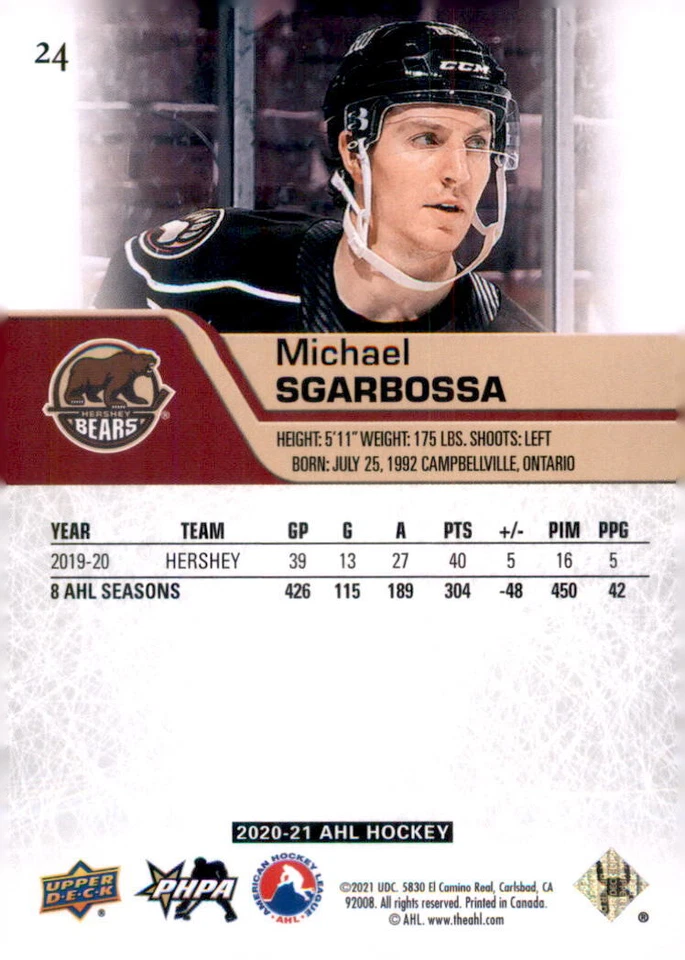 2020-21 Upper Deck AHL #24 Michael Sgarbossa - Image 2 of 2